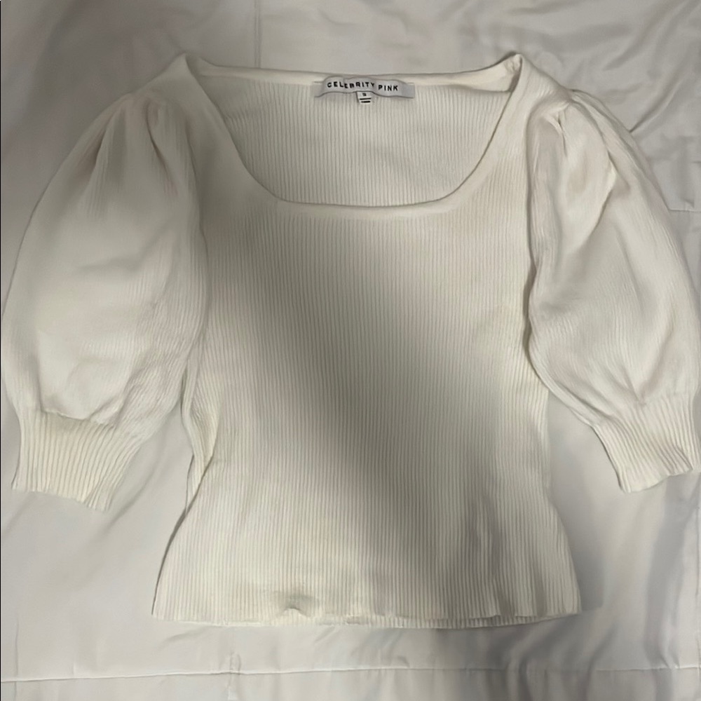 Celebrity Pink Cream Ribbed Balloon Sleeve Blouse